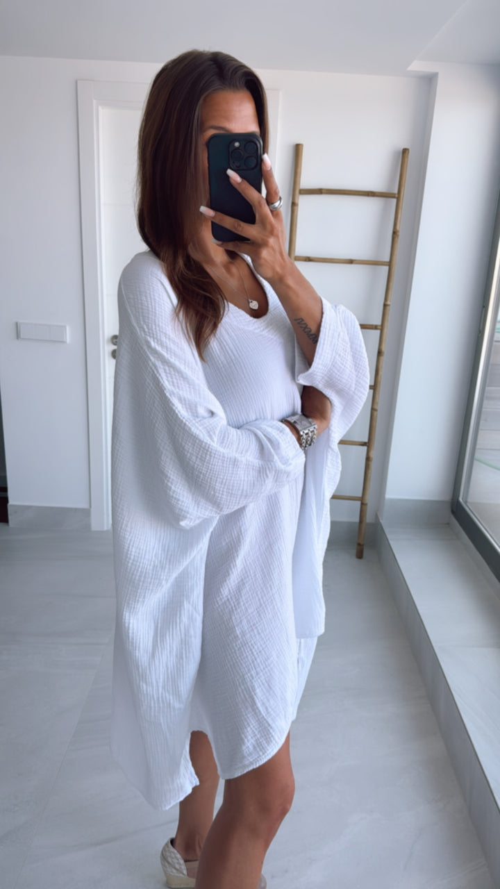 Musselin Ultra Vokuhila Long Bluse / weiss Art. 9777