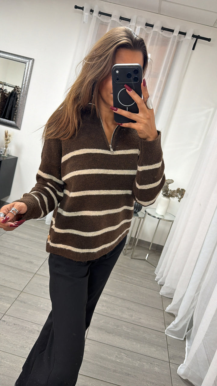 Strick STREIFEN Zipper Pullover / braun - beige Art. 16490