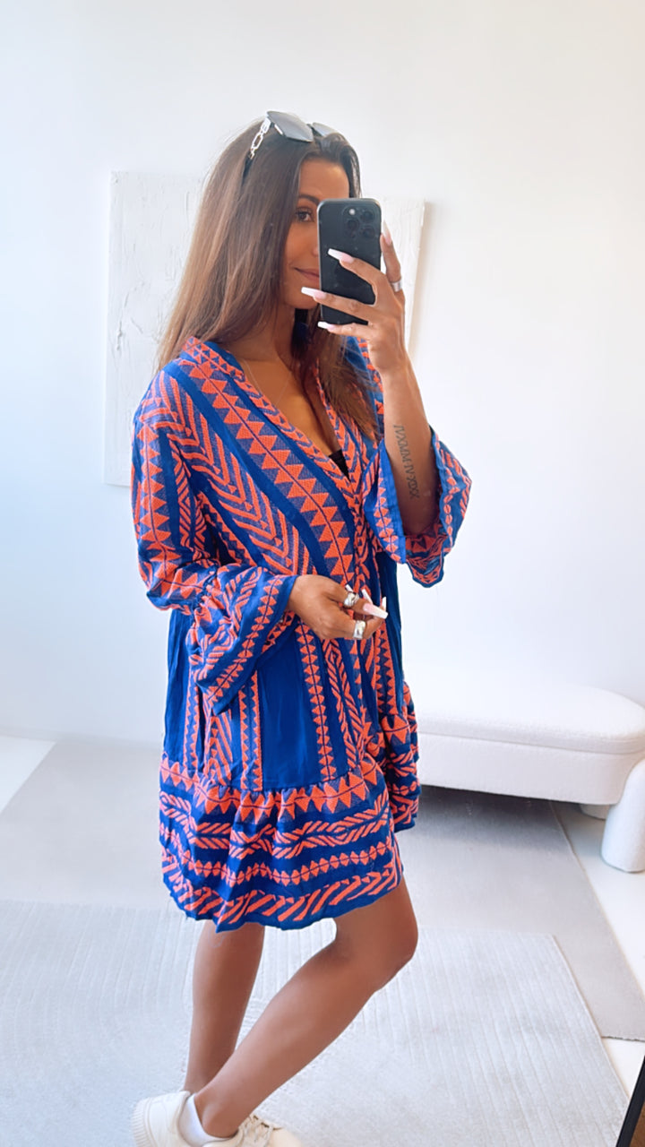 Tunika Kleid mit ausgefallenem Muster, eckige Formen / royal blau - kräftiges orange Art. 6707