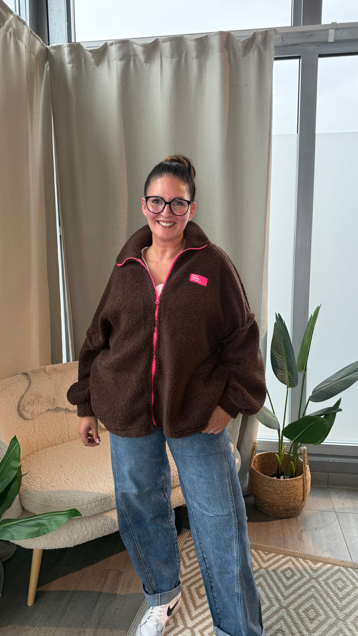 BOUCLÉ Stehkragen Oversize Jacke " Dress for Yourself " / dunkel braun - pink Art. 16458