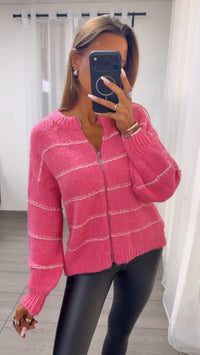 Oversize Strickjacke mit Reißverschluss und Kontrastnähten / pink - weiß Art.16287