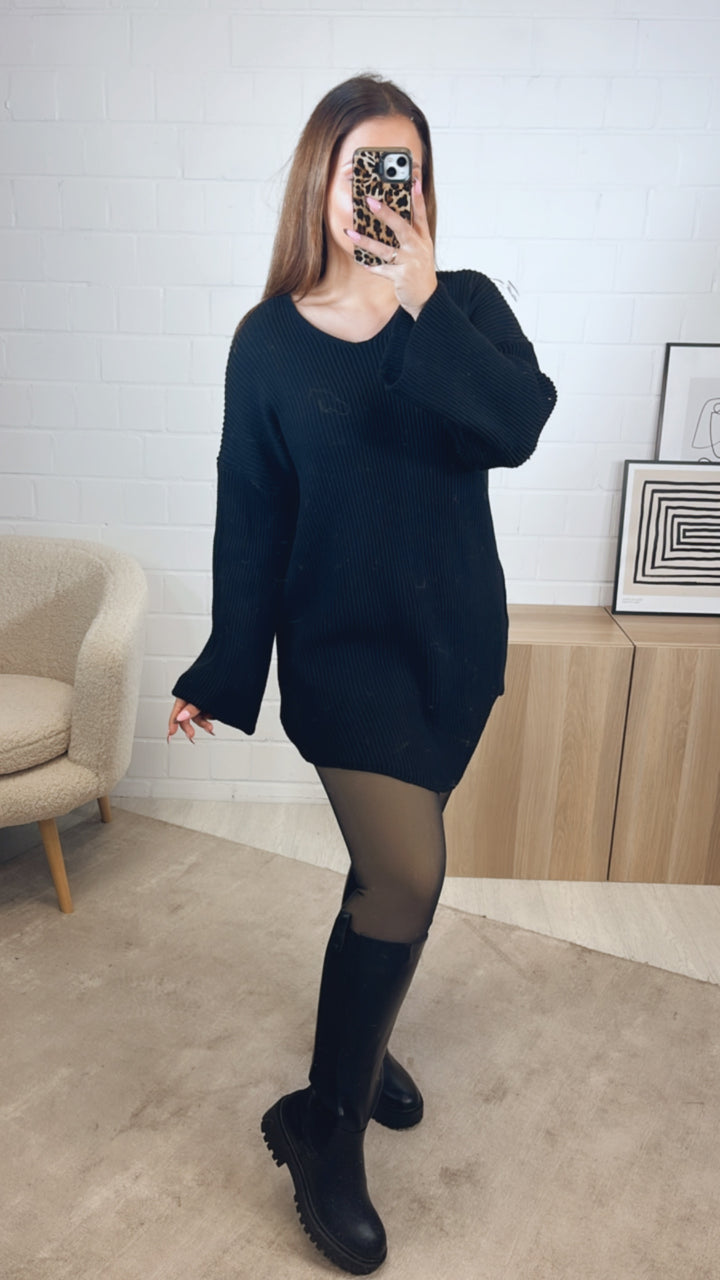 gradliniges Strick Kleid mit weitem Arm, V-Ausschnitt / schwarz Art. 12771