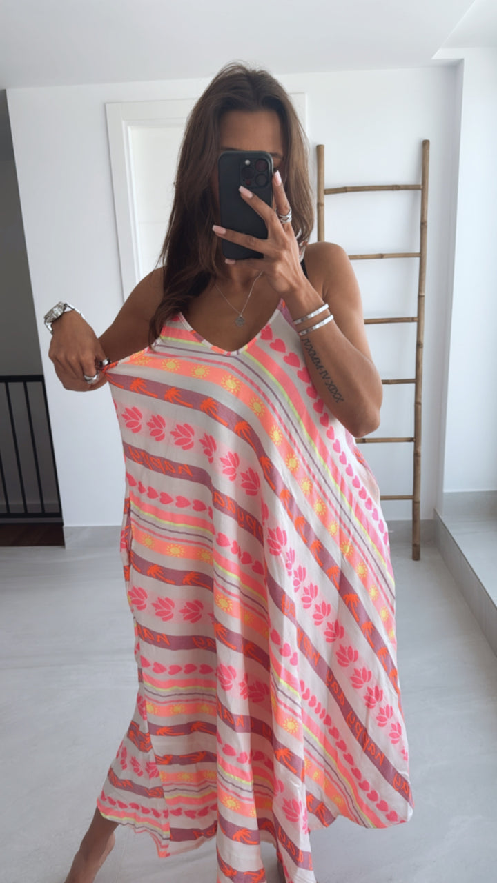 (Maxi-) PREMIUM Summer Vibe Kleid / Hängerchen " Happy Day " / creme - pink - neon gelb Art. 9574