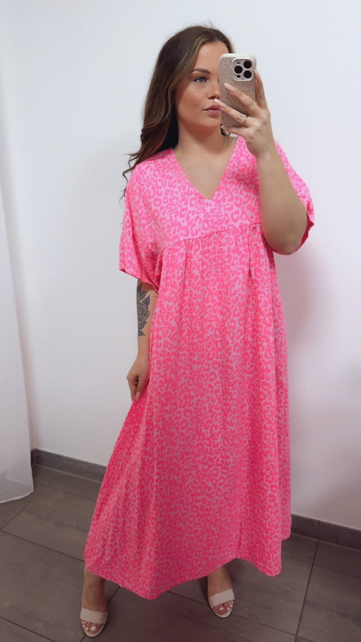 LEO langes Musselin Kleid, kurze Ärmel / rosa - Neon pink Art. 14690