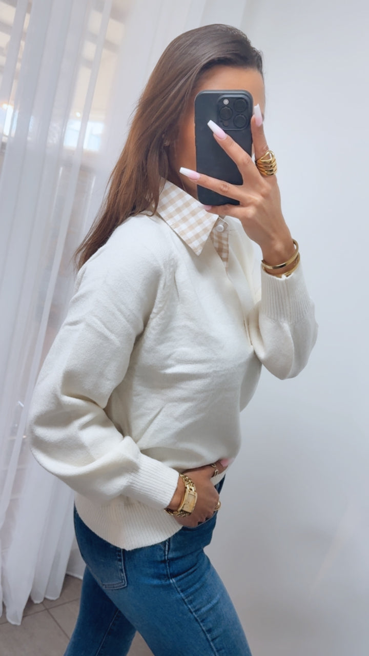 Pullover mit kariertem Blusenkragen / creme - beige - weiss  Art. 14181