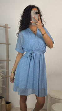 PUNKTE CHIFFON Kleid mit kurzen Ärmeln / hell blau Art.16094