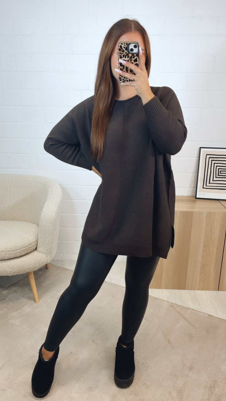 Long Pullover mit mittiger Ziernaht / dunkel braun Art. 12384