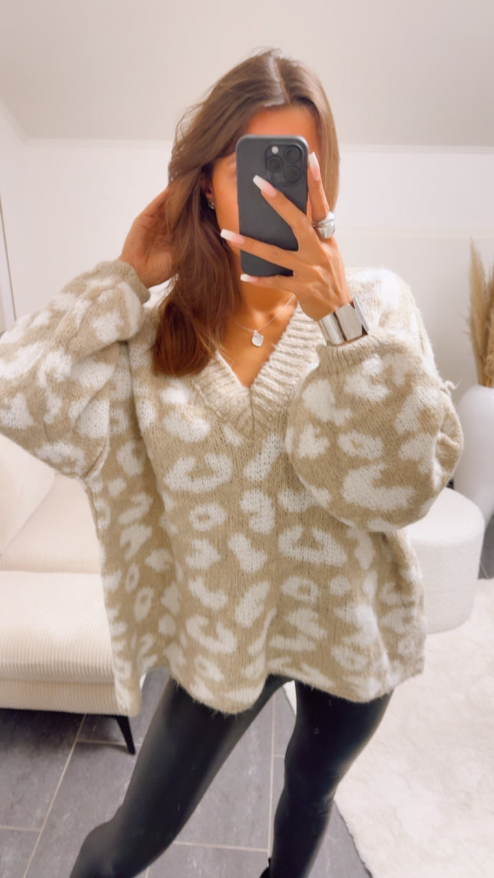 V-AUSSCHNITT LEO Oversize Kuschel - Pullover / beige - wollweiss Art. 13055