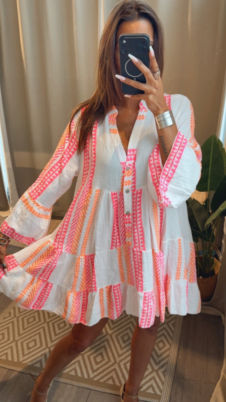 Musselin Kleid / Tunika mit Muster / weiss - Neon orange - Neon pink Art. 15259