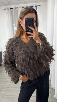 highlight Pullover mit Schlaufen Struktur, V-Ausschnitt / braun Art. 16406