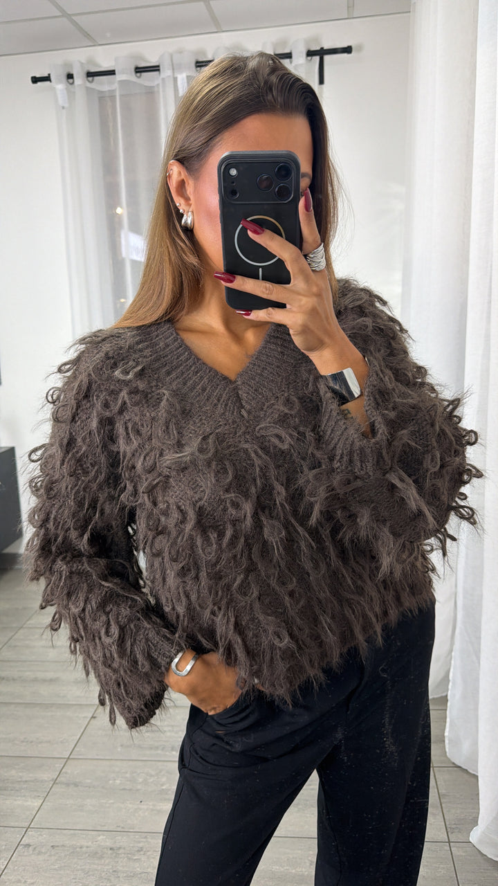 highlight Pullover mit Schlaufen Struktur, V-Ausschnitt / braun Art. 16406