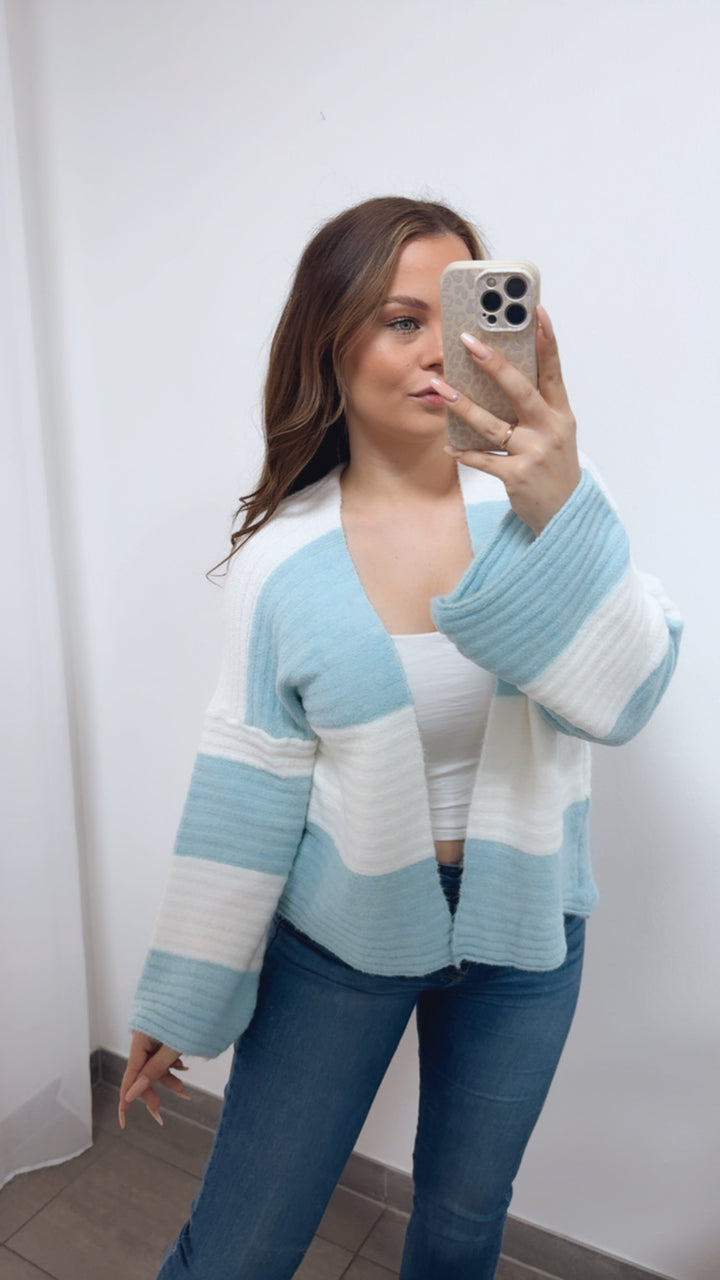 STREIFEN weiter, offener Cardigan / weiss - hell blau Art. 14685