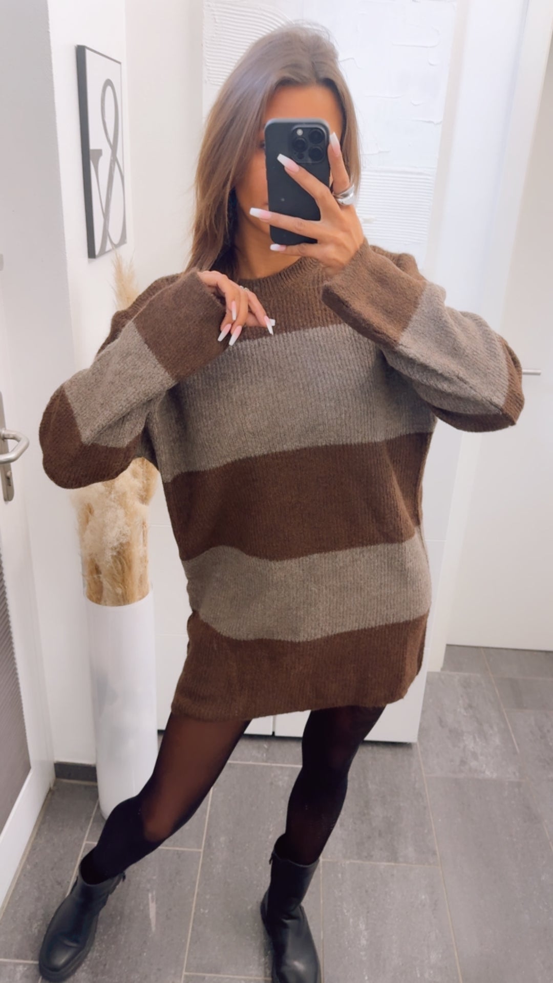 STREIFEN Long Pullover / Strick Kleid schoko braun - braun meliert Art. 12945