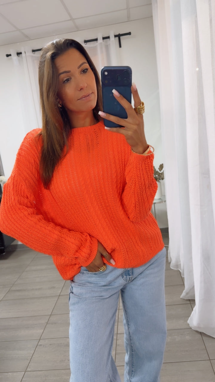 leichter Strick Pullover mit Zopfmuster / orange Art. 14940