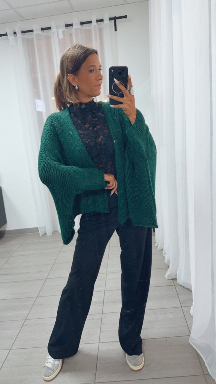 Oversize Strick Cardigan mit 3/4 -  Fledermausärmeln, offen / dunkel grün Art. 16216