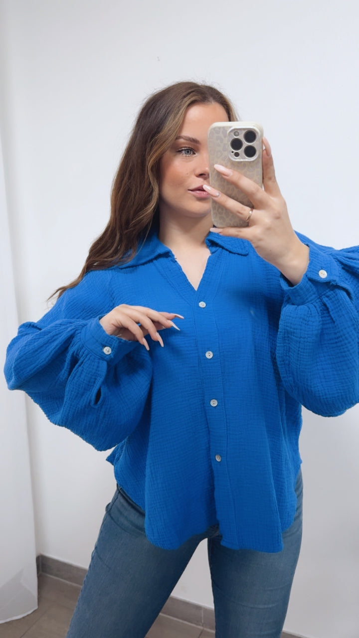 KURZE Oversize Musselin Bluse BALLONÄRMEL / royal blau Art. 14720