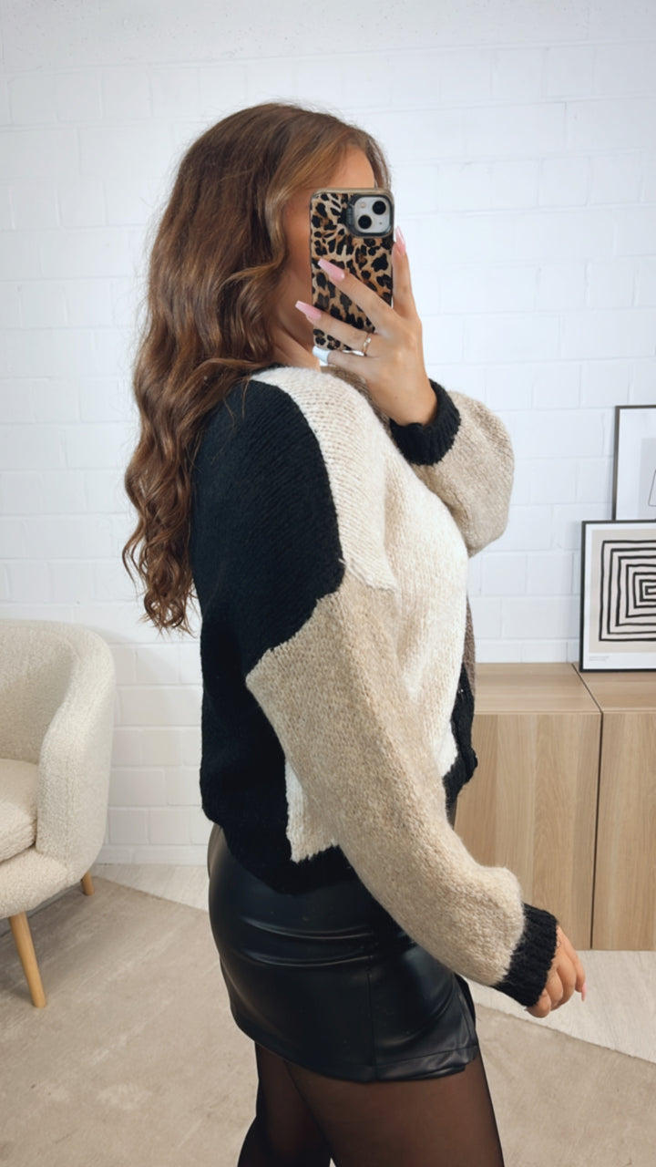 dreifarbiger Cardigan / schwarz - braun meliert - creme Art. 12610