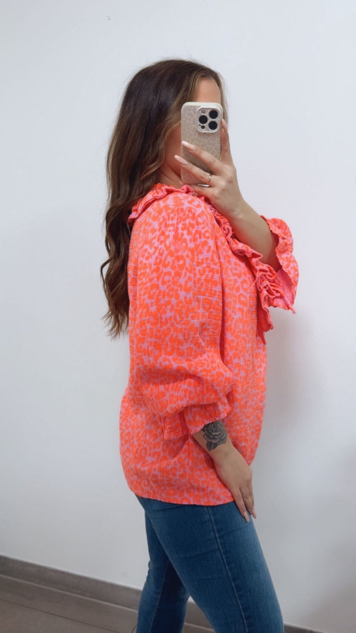LEO Musselin Bluse mit Volant Ausschnitt / rosa - orange Art. 14734