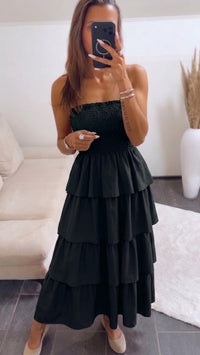 Maxi Volant Kleid, Smok Bandeau Oberteil / schwarz Art. 16048