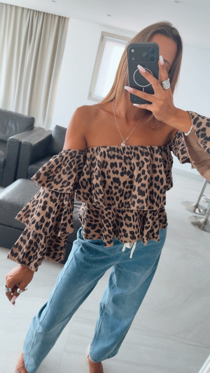LEO Musselin Off-Shoulder Oberteil, Volant / Karamell - schwarz - taupe Art. 16062