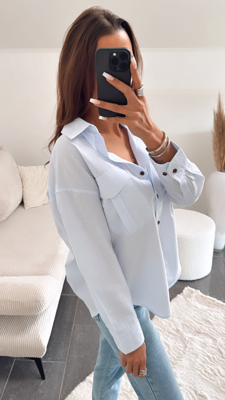 gestreifte Baumwoll Bluse / weiss - hell blau Art. 8591