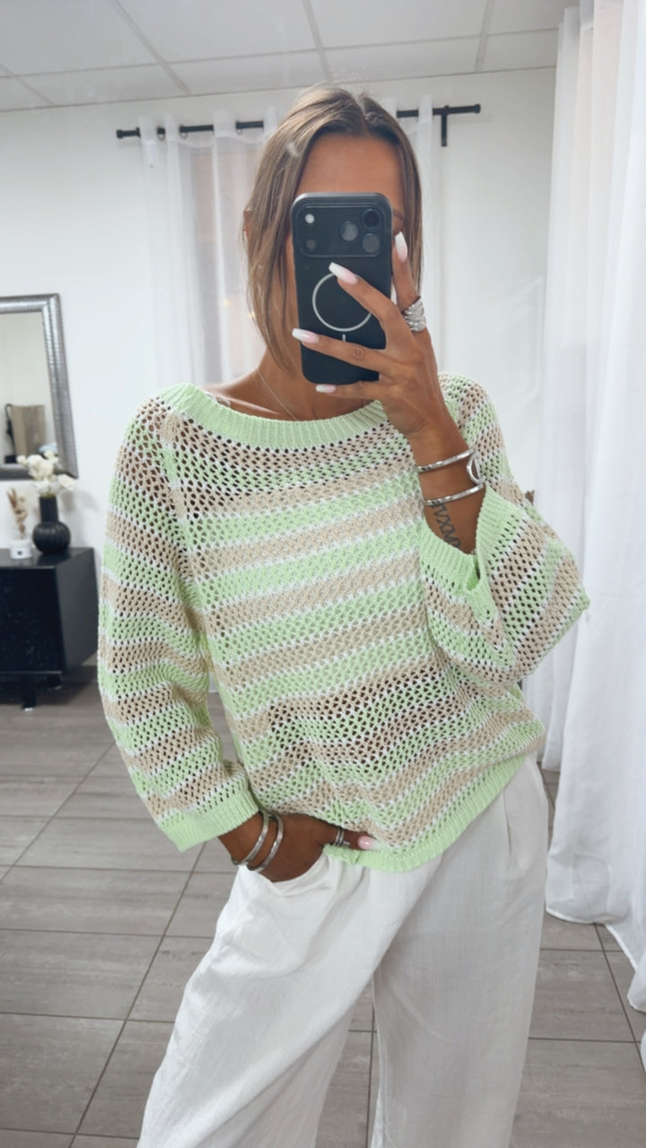 Luftiger, fester Streifen Strick Pullover / mint - beige - weiß Art.15651