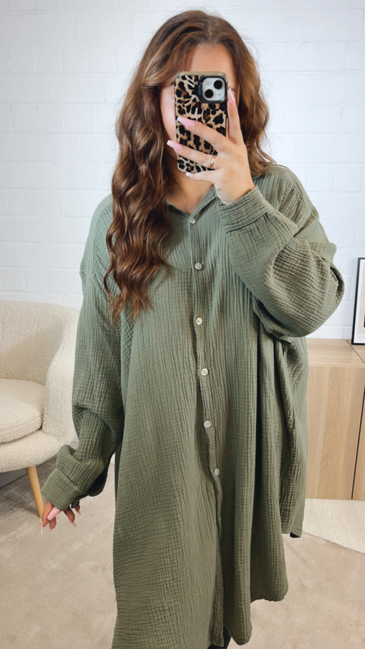 LANGE Oversize Musselin Bluse / khaki Art. 12465