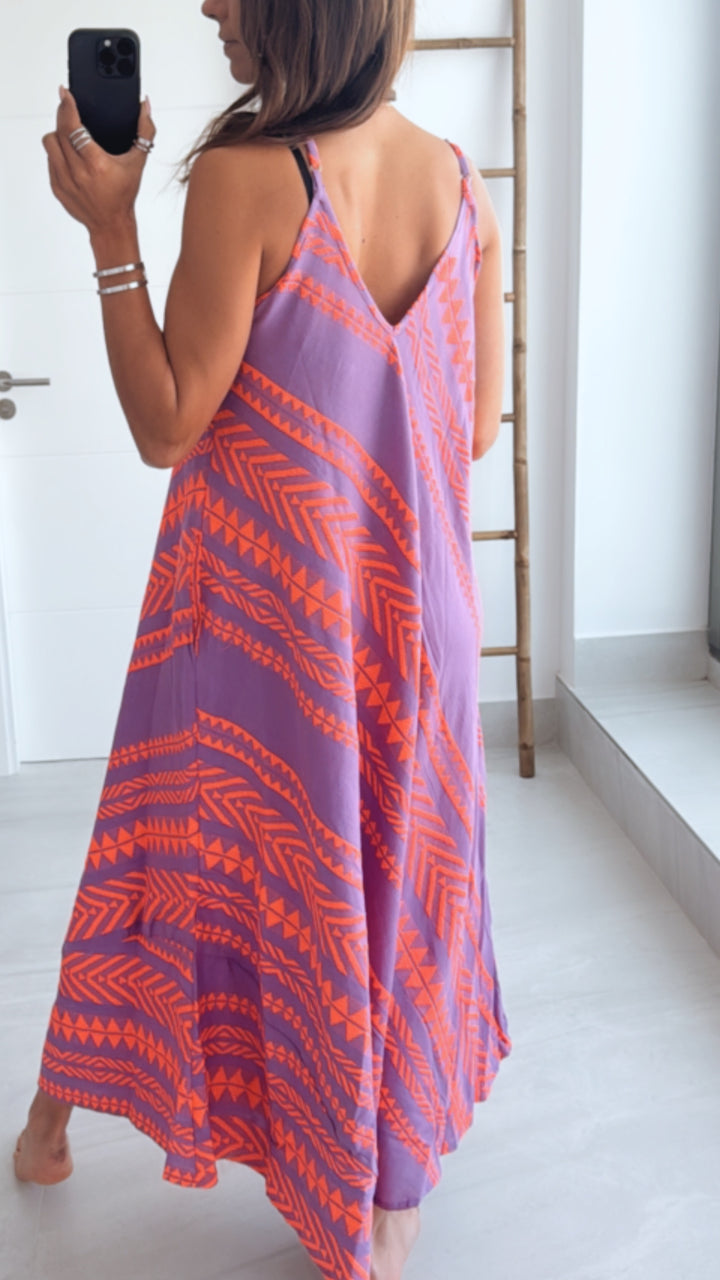 (Maxi-) PREMIUM Summer Vibe Kleid / Hängerchen / lila - neon coral Art. 9575