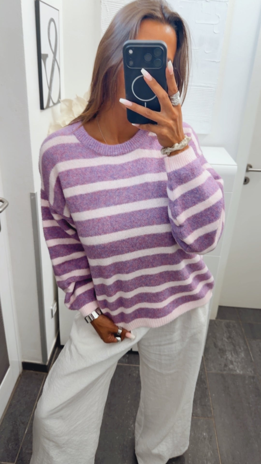 gestreifter, weicher Strick Pullover / flieder lila - weiss Art. 16121