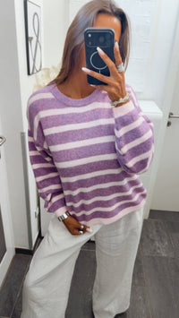 gestreifter, weicher Strick Pullover / flieder lila - weiss Art. 16121