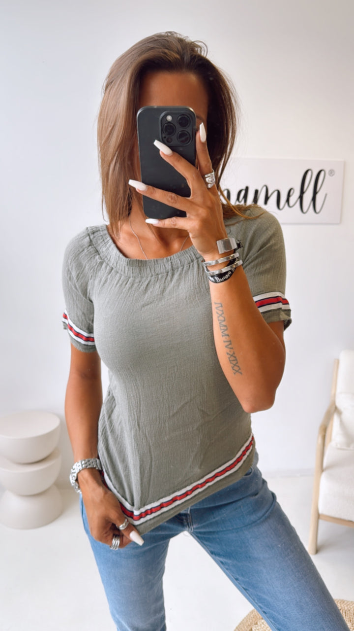 Off - Shoulder Baumwoll Oberteil, Streifen / khaki Art. 10521
