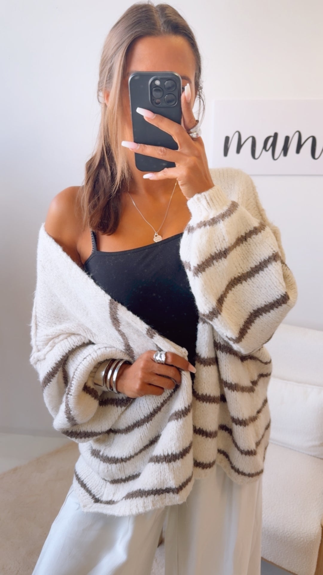 offener Strick Cardigan mit Streifen / wollweiss - taupe Art. 12476