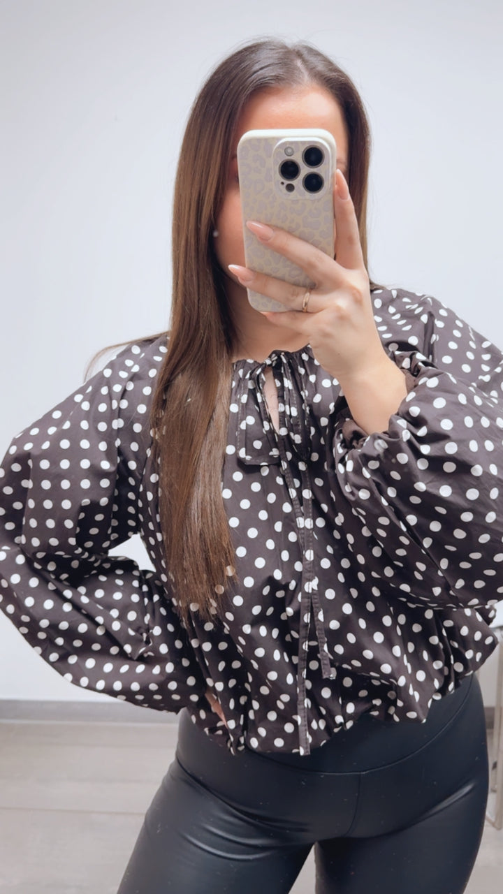 PUNKTE kürzeres, dickeres Blusen Oberteil / dunkel braun - weiss Art. 13709