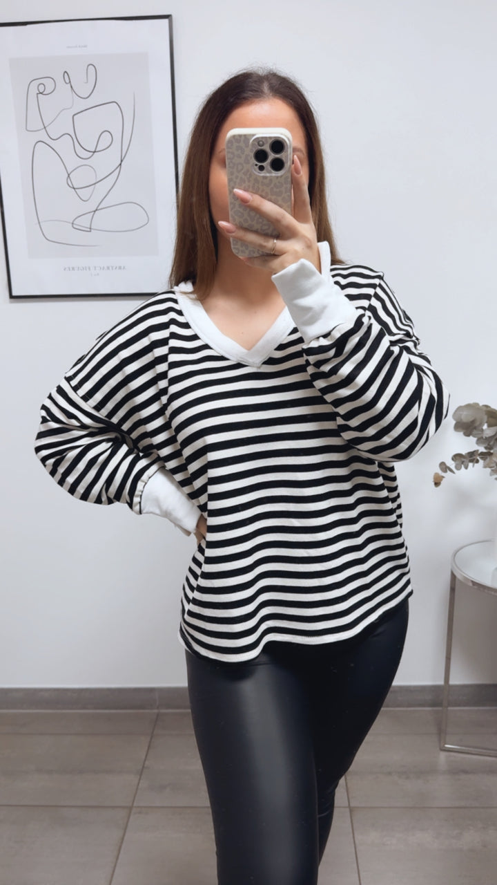 STREIFEN Sweater mit used V-Ausschnitt / schwarz - creme - weiss Art. 13340