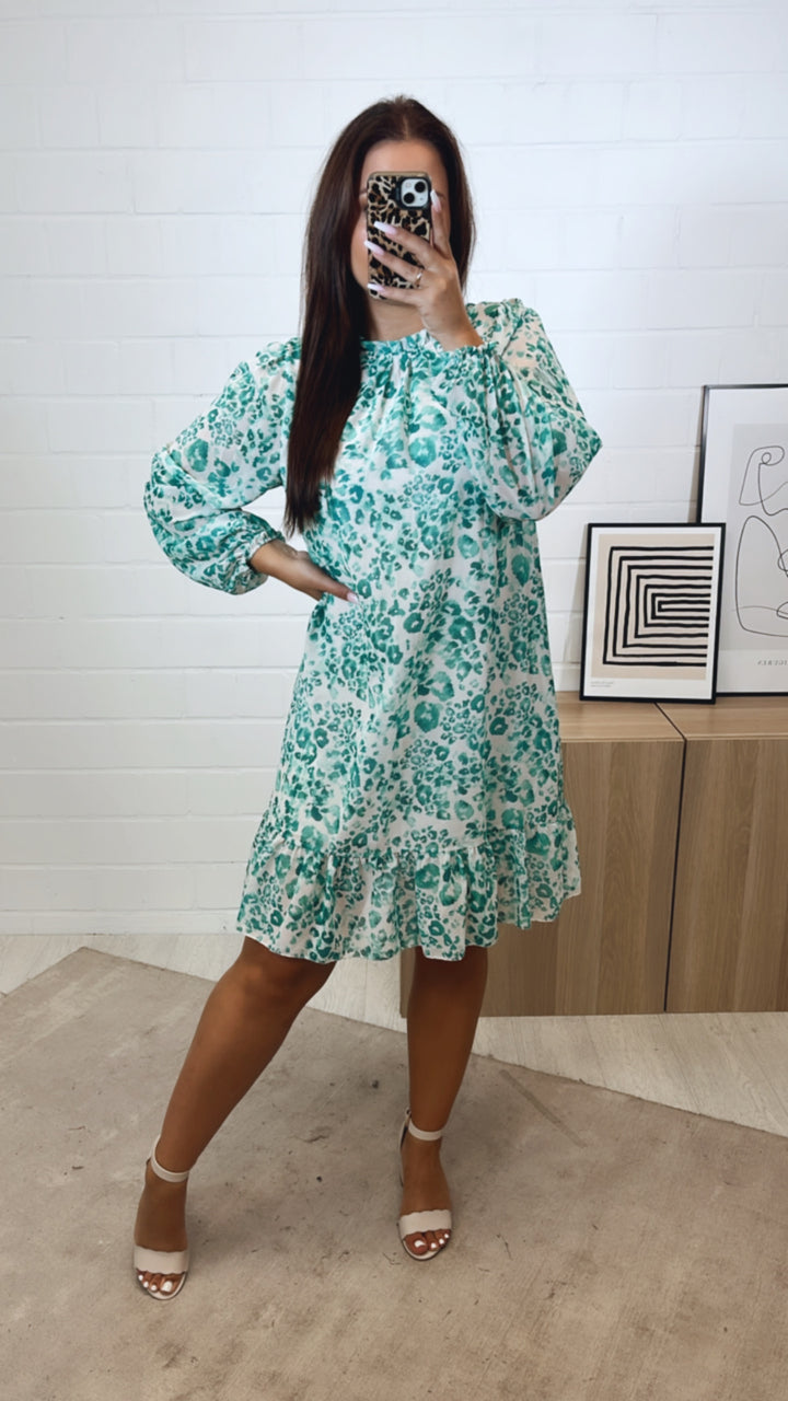 leichtes LEO Kleid mit Unterstoff / creme - türkis Art. 11225