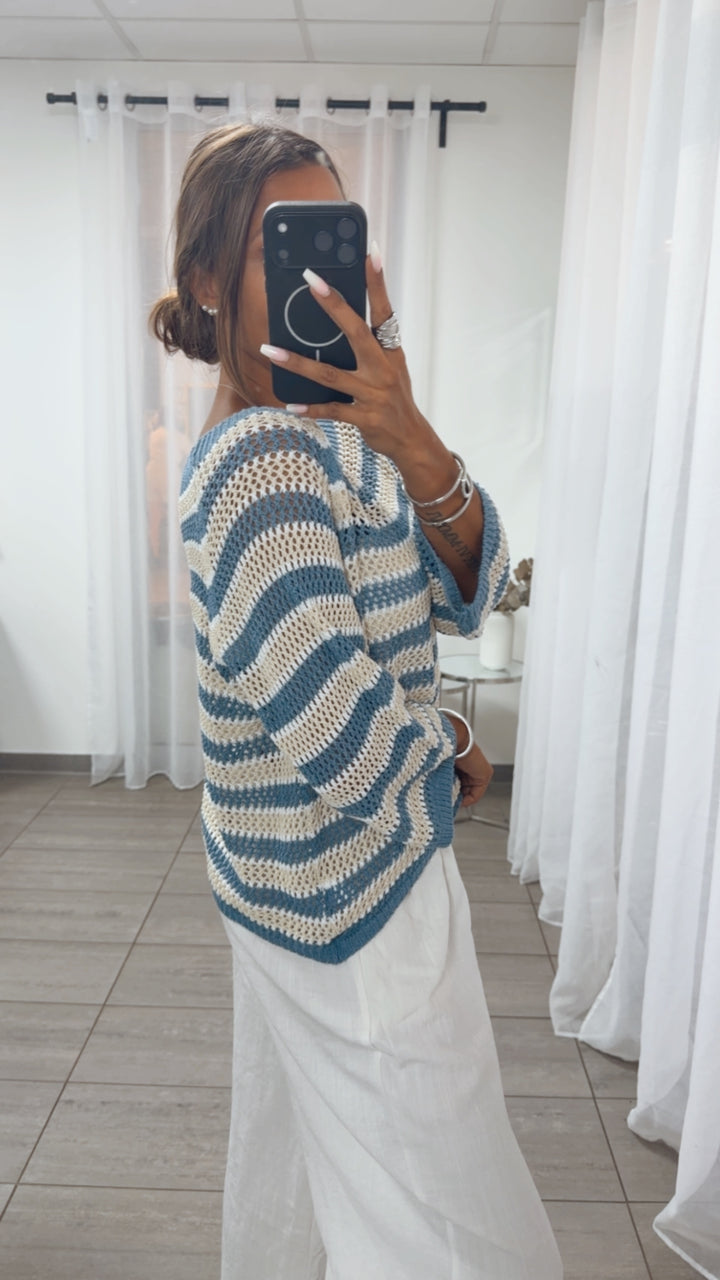 Luftiger, fester Streifen Strick Pullover / denim blau - beige - weiß Art.15655