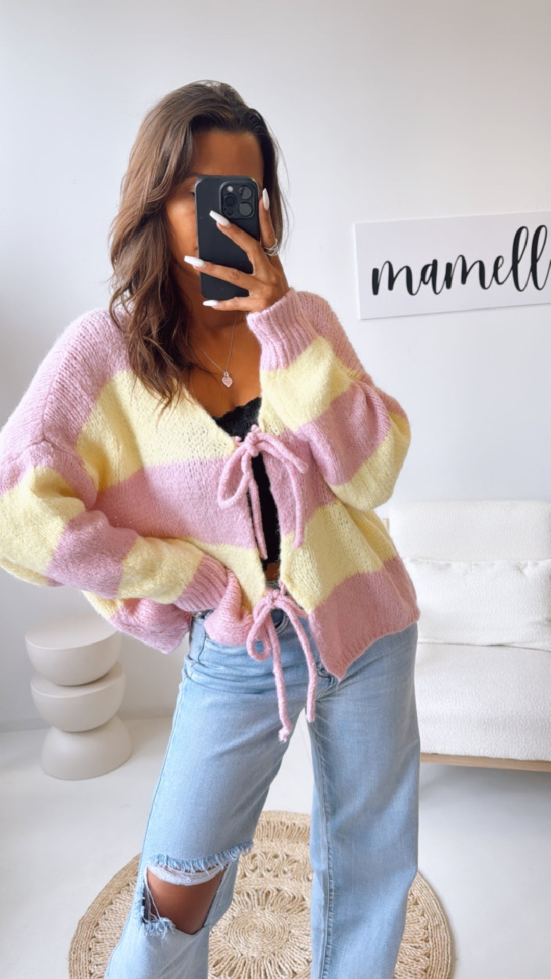 STREIFEN Strick Cardigan zum schnüren / soft gelb - rosa Art. 10821