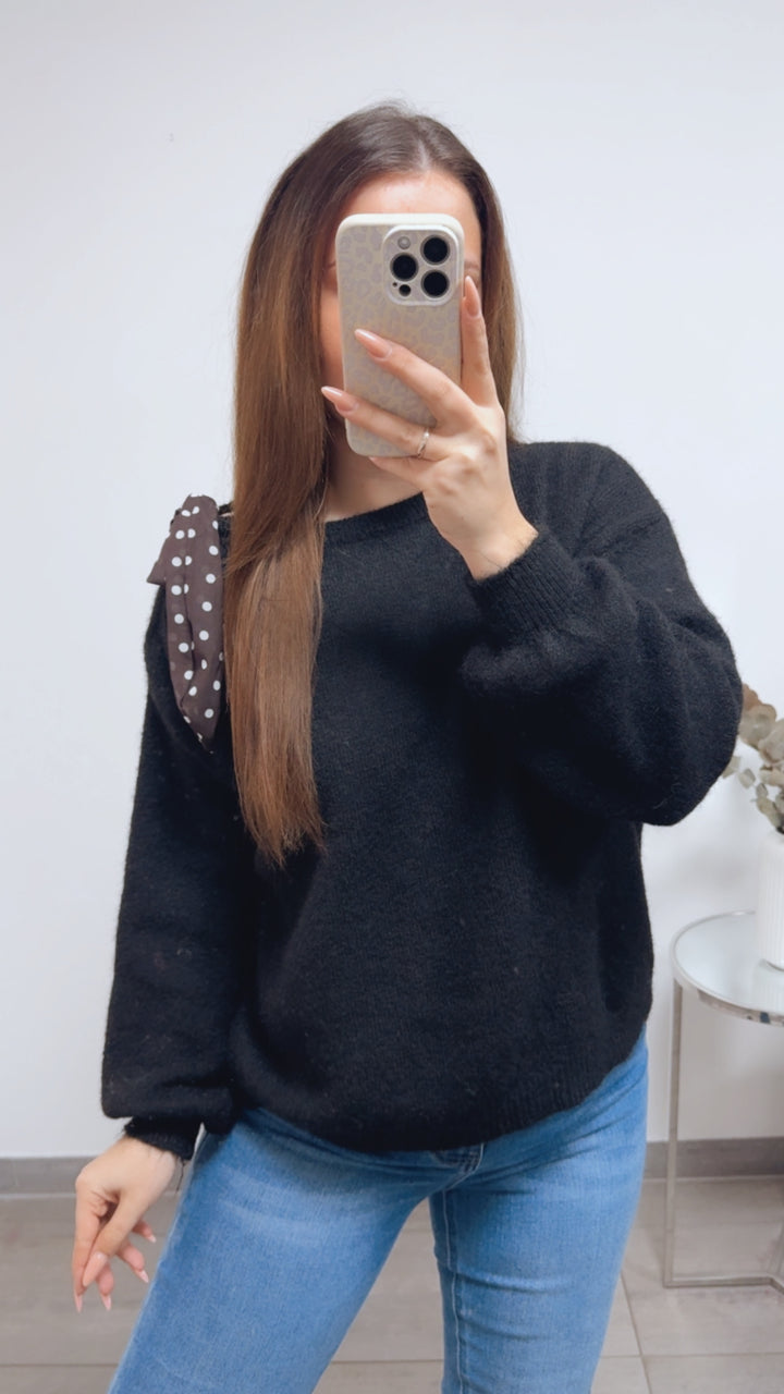 ONE SHOULDER Pullover, Punkte Schleife / schwarz Art. 13821