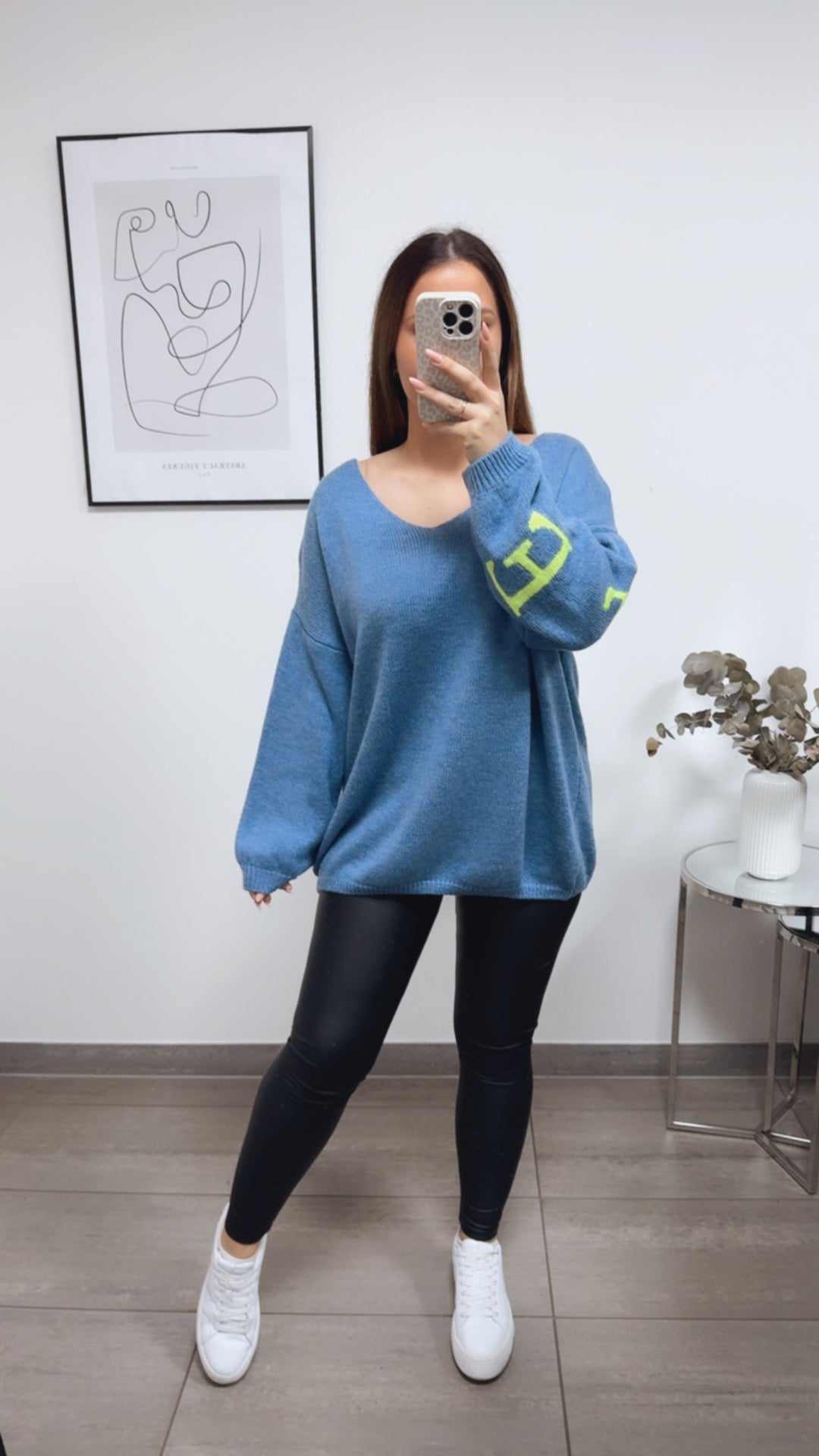 Strick Pullover "Namaste" / Denim Blau - Neon gelb Art. 13337