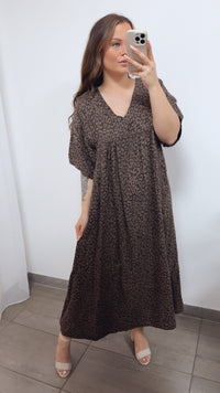 LEO langes Musselin Kleid, kurze Ärmel / dunkel braun - taupe Art. 14688