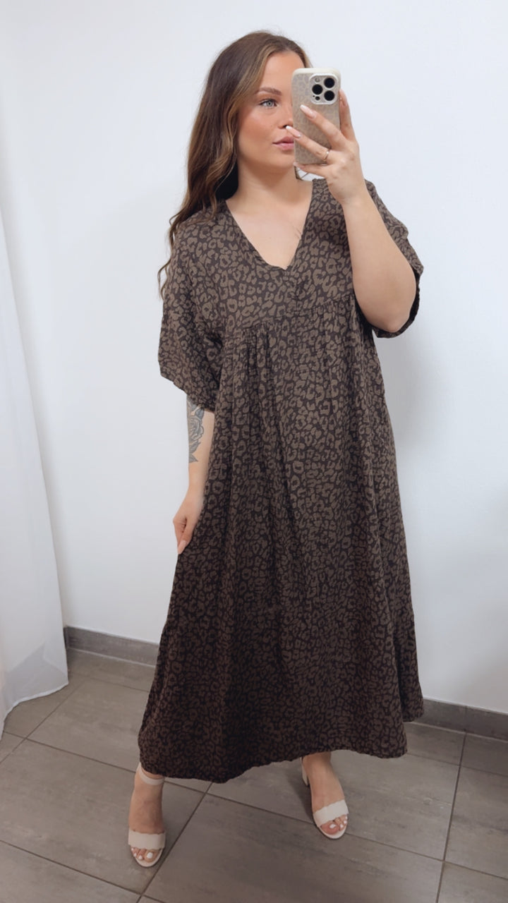 LEO langes Musselin Kleid, kurze Ärmel / dunkel braun - taupe Art. 14688