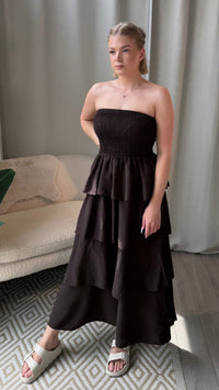 Maxi Volant Kleid, Smok Bandeau Oberteil / braun Art. 16045
