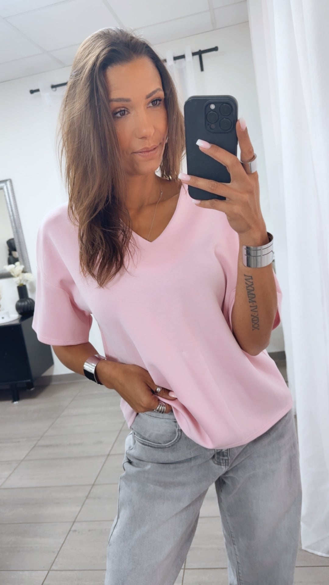 V-Ausschnitt Butterstoff T-Shirt / rosa Art.14831