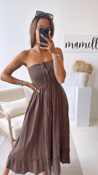 MUSSELIN (Maxi-) Kleid mit Schnüren Neckholder / mokka braun Art. 9814