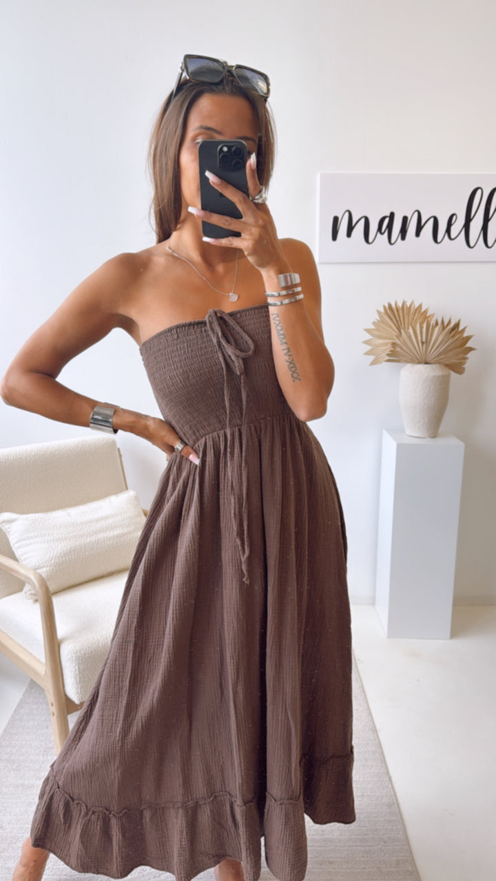 MUSSELIN (Maxi-) Kleid mit Schnüren Neckholder / mokka braun Art. 9814