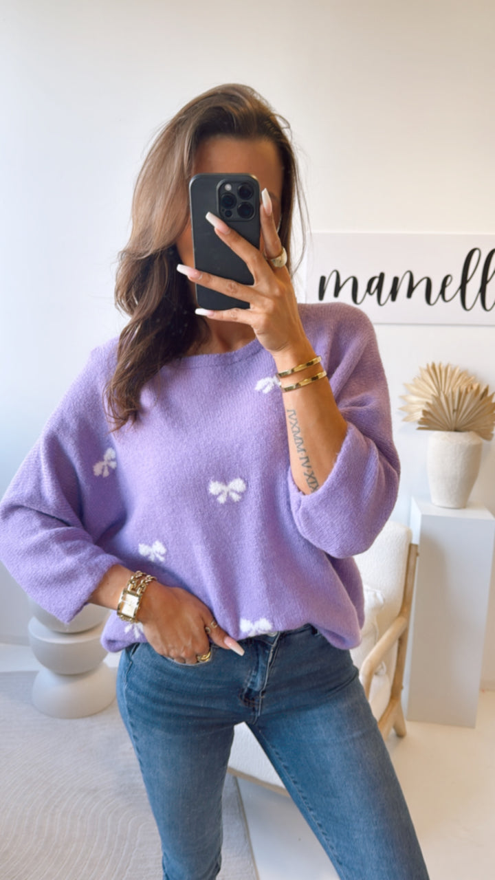 Pullover mit Schleifen, 3/4 - Ärmel / lila - weiß Art. 9221