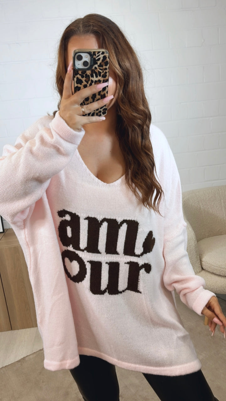 weiter Strick Pullover " Amour " / soft rosa - dunkel braun Art. 12515