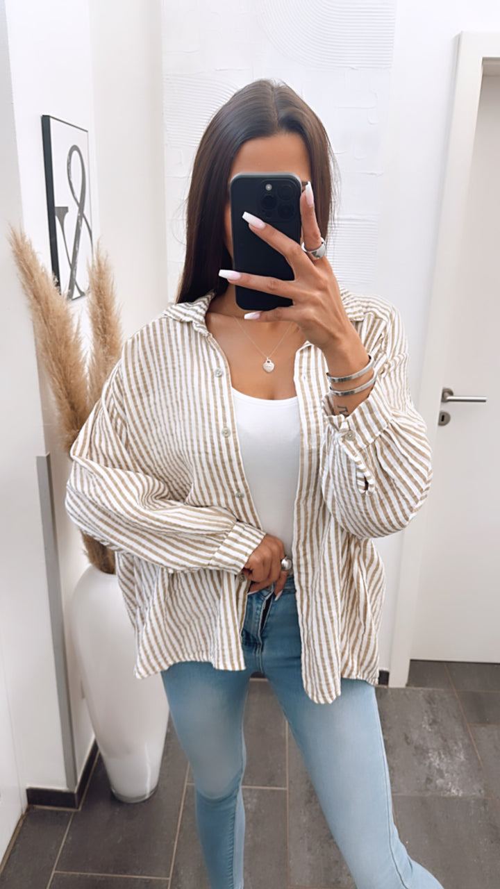 KURZE Oversize Musselin Bluse mit Streifen / weiss - dunkel beige Art. 5696