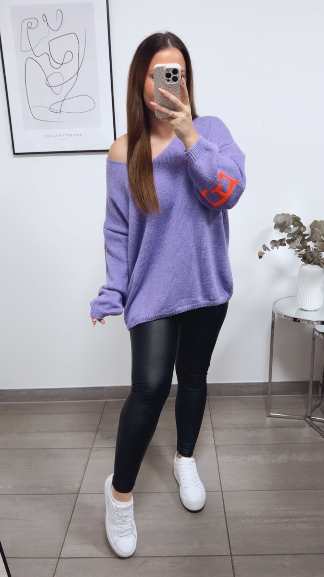 Strick Pullover "Namaste" / Flieder - Neon orange Art. 13336