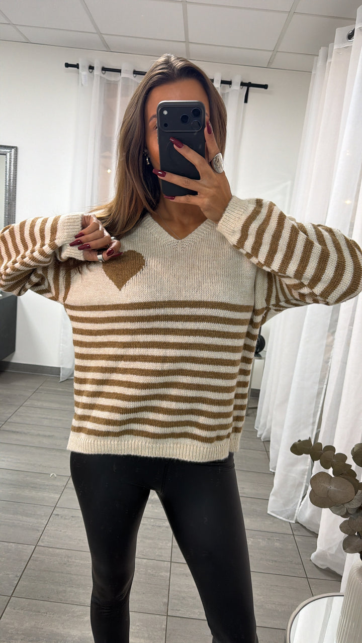 STREIFEN + HERZ Strick Pullover, V-Ausschnitt / creme - camel Art. 16587